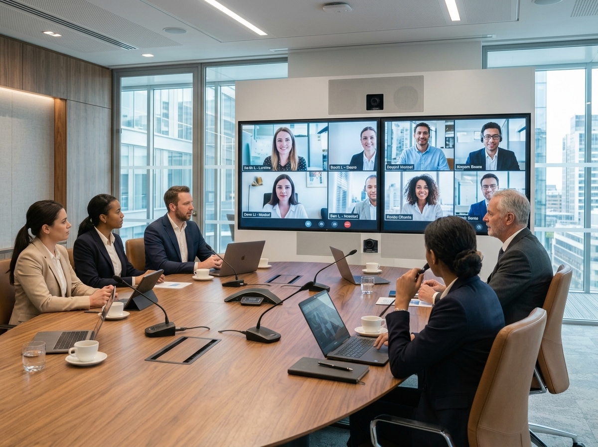 Installation de visioconférence et intégration audiovisuelle haut de gamme en salle de réunion par MCE Groupe