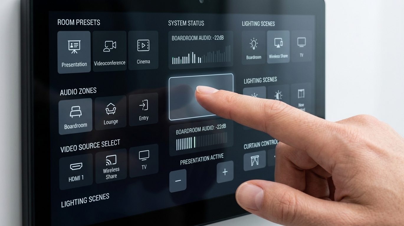 Interface tactile de contrôle audiovisuel et domotique pour salle de réunion MCE Groupe